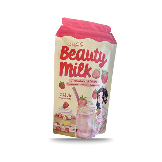 Dear Face, Beauty Milk Strawberries and Cream 18gx10Sachets, all about skin doha, skincare, qatar, beauty, cosmetics, trending, tiktok, snapchat, facebook, instagram, Perfume, reels, hightlights, followers, fyp