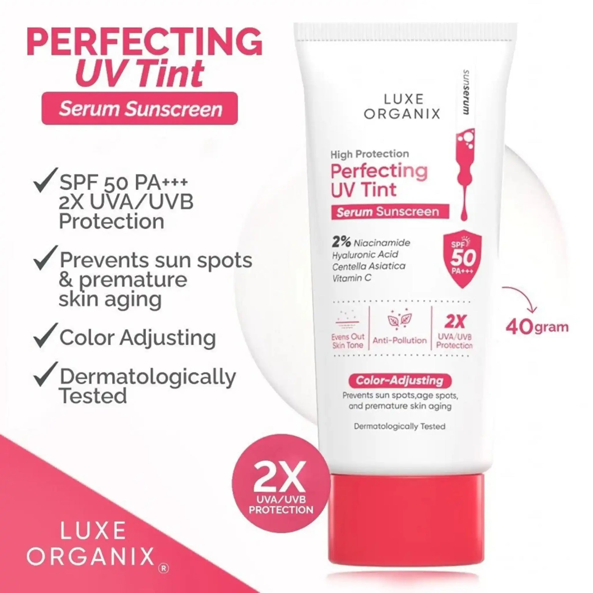 Luxe Organix, High Protection Perfecting UV Tint Serum Sunscreen SPF50 PA+++ 40g Price in Qatar