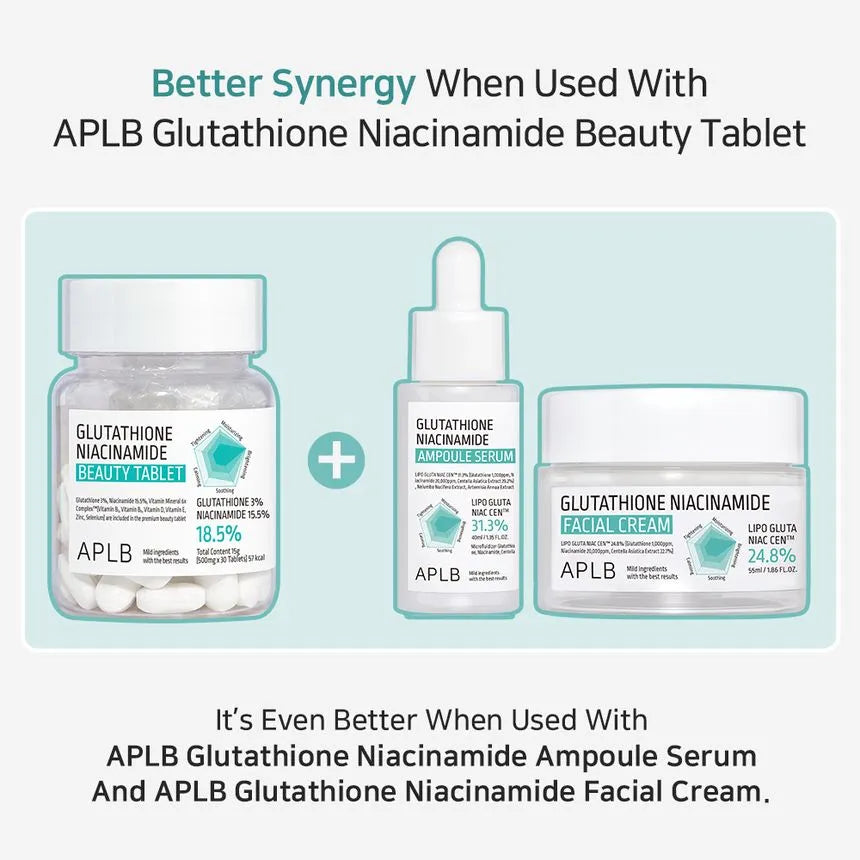 image of APLB, Glutathione Niacinamide Beauty Tablet 500mg x 30 tablets All About Skin Doha Skincare Qatar Beauty Cosmetics Available in Qatar Available in Qatar Store