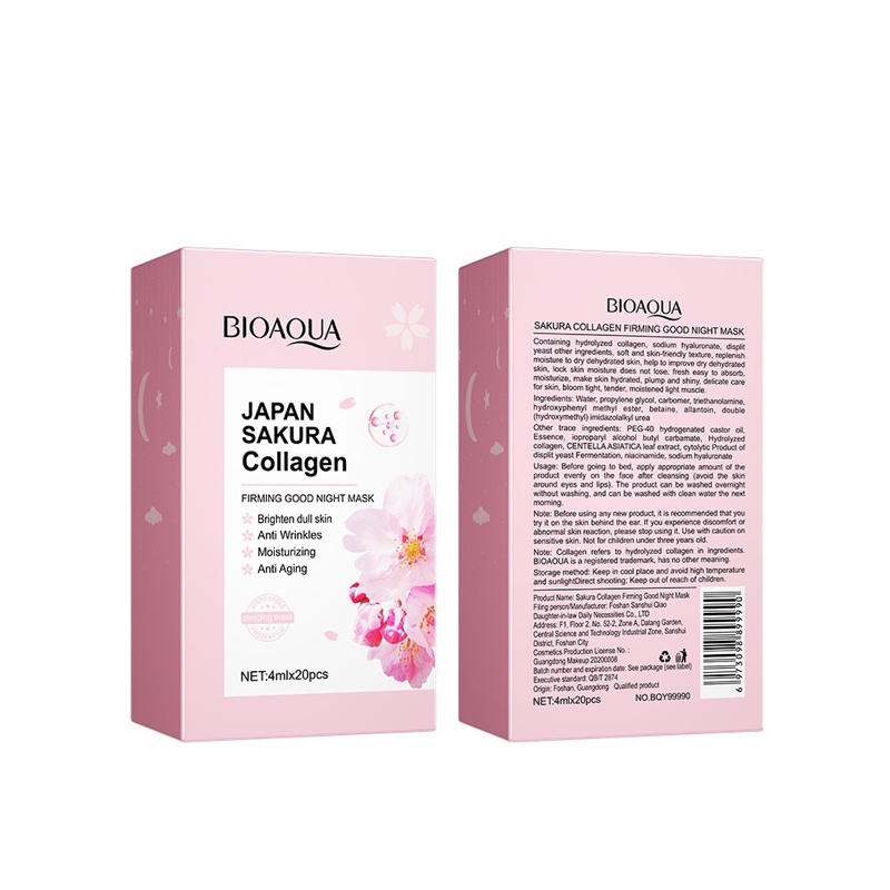 BIOAQUA, Japan Sakura Collagen Firming Good Night Mask 4mlx20pcs, all about skin doha, skincare, qatar, beauty, cosmetics, trending, tiktok, snapchat, facebook, instagram, Perfume, reels, hightlights, followers