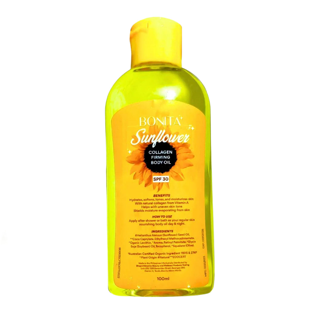 BONITA, Sunflower Collagen Firming Body Oil SPF30 100ml, all about skin doha, skincare, qatar, beauty, cosmetics, trending, tiktok, snapchat, facebook, instagram, Perfume, reels, hightlights, followers, fyp