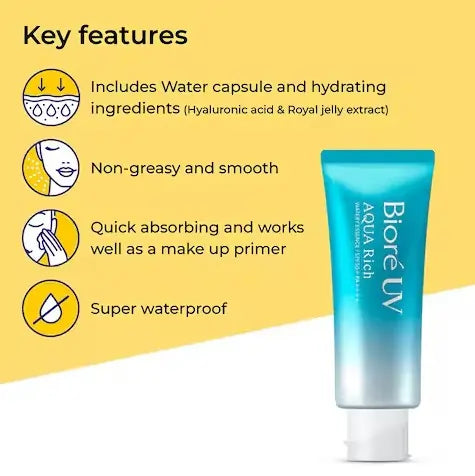 Biore, UV Aqua Rich Watery Essence SPF50+ PA++++ 70g NEW FORMULA All About Skin Doha Skincare Qatar Beauty Cosmetics Available in Qatar Available in Qatar Store all about skin doha qatar skincare cosmetics beauty