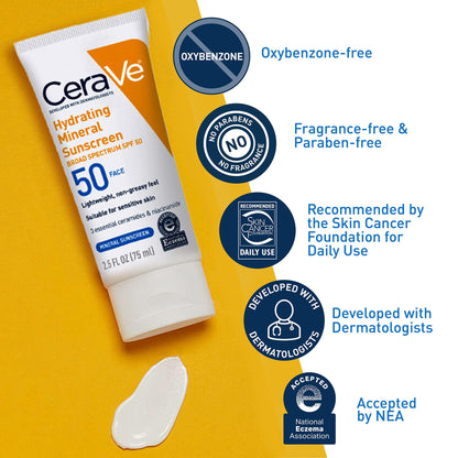 CeraVe, Hydrating Mineral Sunscreen SPF 50 Face Lotion 75ml All About Skin Doha Skincare Qatar Beauty Cosmetics Available in Qatar Available in Qatar Store all about skin doha qatar skincare cosmetics beauty