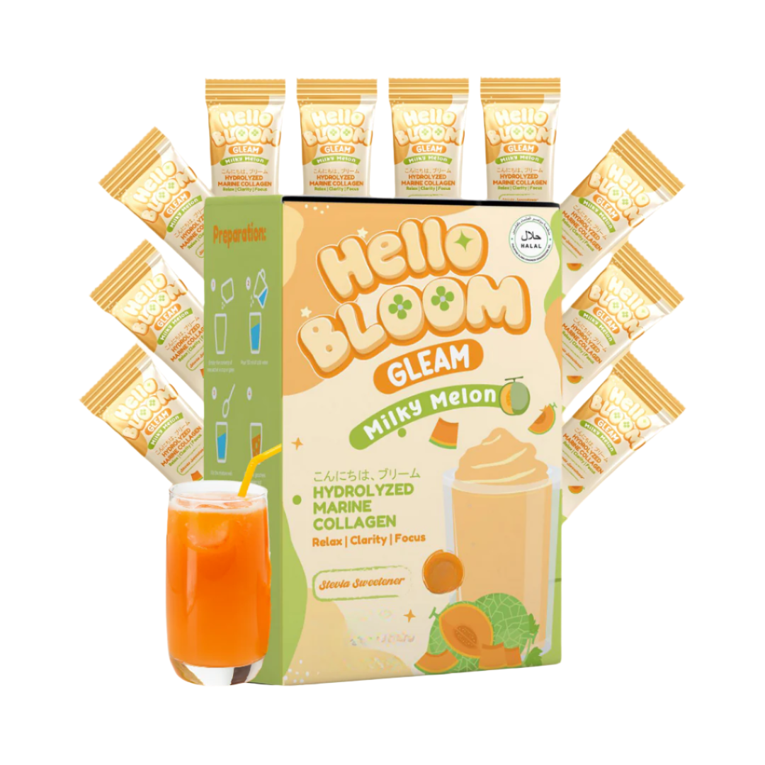HELLO BLOOM GLEAM, Milky Melon 18gx10Sachets, all about skin doha, skincare, qatar, beauty, cosmetics, trending, tiktok, snapchat, facebook, instagram, Perfume, reels, hightlights, followers