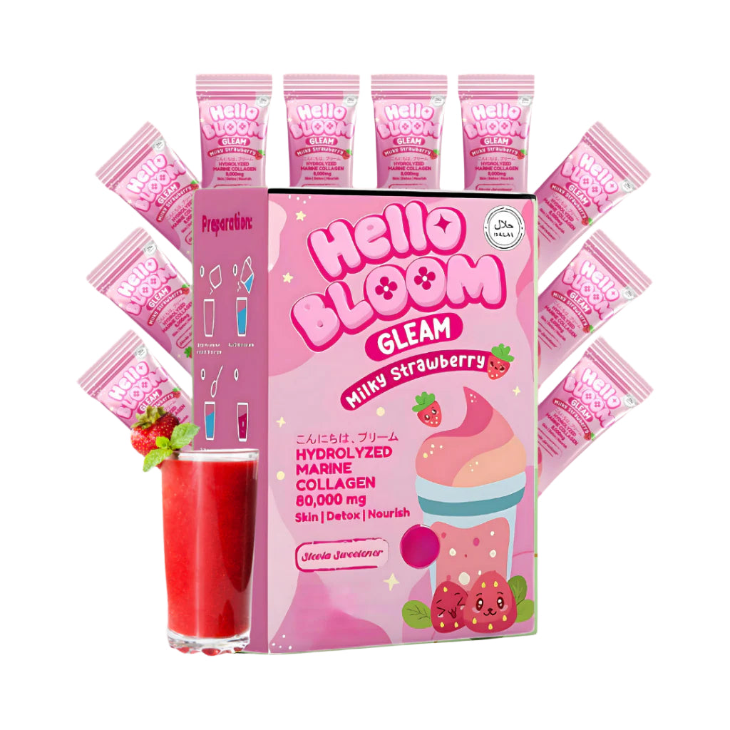 HELLO BOOM GLEAM, Milky Strawberry 18gx10Sachets, all about skin doha, skincare, qatar, beauty, cosmetics, trending, tiktok, snapchat, facebook, instagram, Perfume, reels, hightlights, followers, fyp