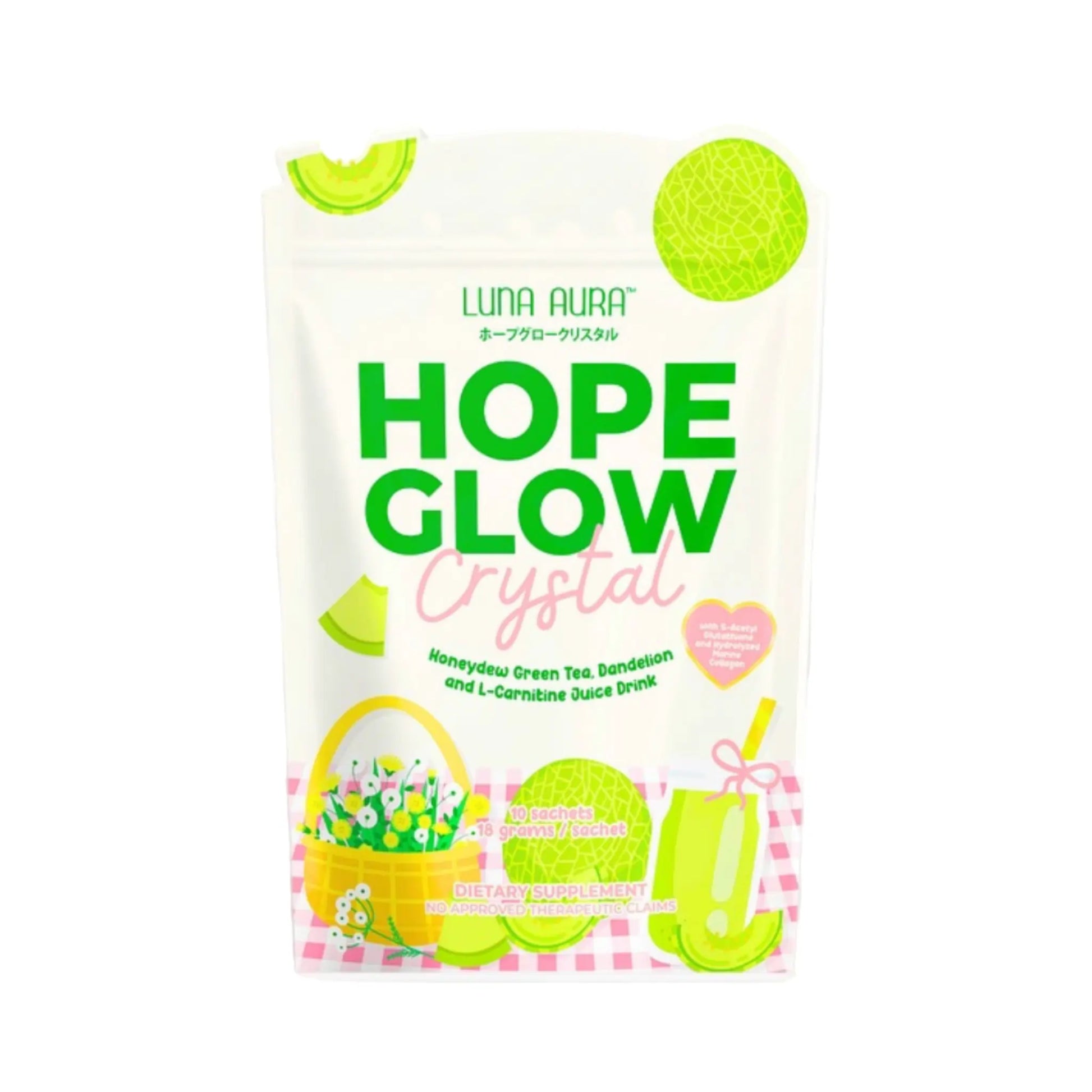 Buy Luna Aura, Hope Glow Crystal Honeydew Green Tea, Dandelion and L-Carnitine Juice Drink 10 Sachets Online in Qatar