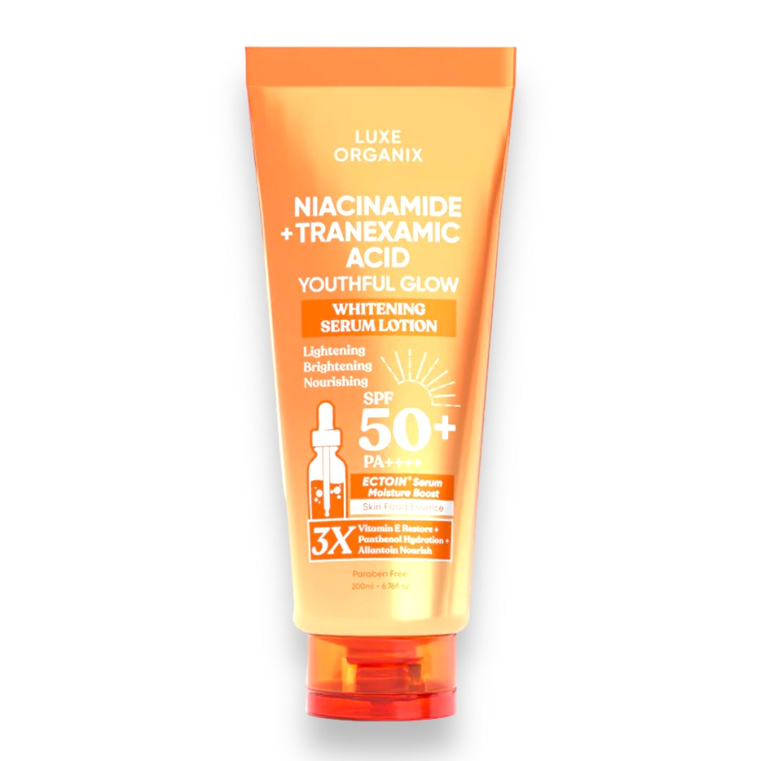 Luxe Organix, Niacinamide + Tranexamic Acid Youthful Glow Whitening Serum Lotion 200ml, all about skin doha, skincare, qatar, beauty, cosmetics, trending, tiktok, snapchat, facebook, instagram, Perfume, reels, hightlights, followers, fyp