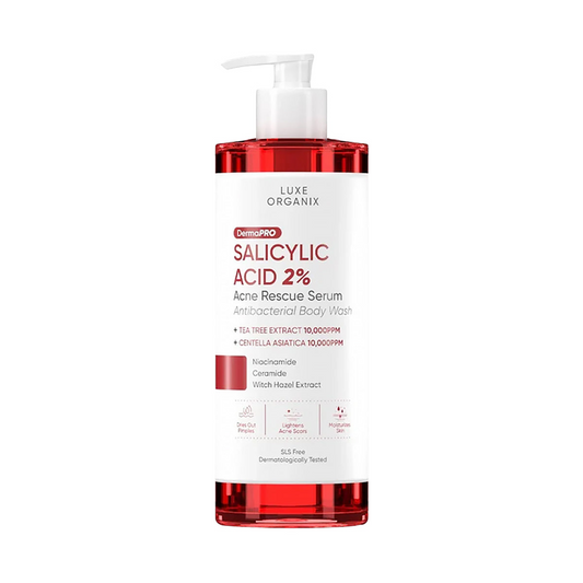 Luxe Organix Dermapro Salicylic Acid 2% Acne Rescue Serum Antibacterial Body Wash 500ml, all about skin doha, skincare, qatar, beauty, cosmetics, trending, tiktok, snapchat, facebook, instagram, Perfume, reels, hightlights, followers, fyp