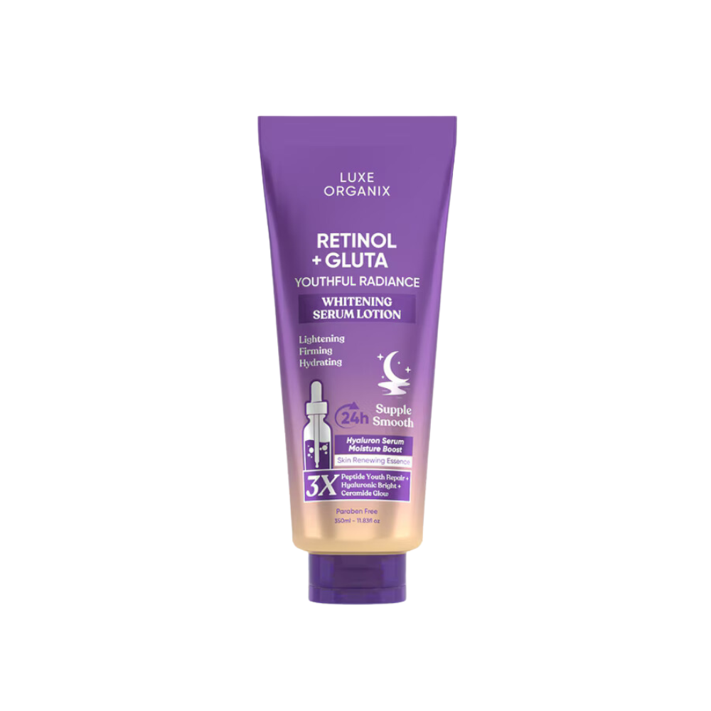 Luxe Organix, Retinol + Gluta Youthful Radiance Whitening Serum Lotion 350ml, all about skin doha, skincare, qatar, beauty, cosmetics, trending, tiktok, snapchat, facebook, instagram, Perfume, reels, hightlights, followers, fyp