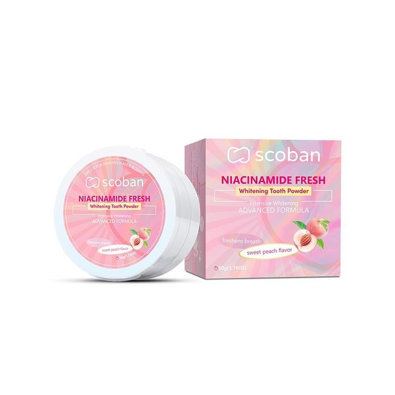 Scoban, Niacinamide Fresh Whitening Tooth Powder Sweet Peach Flavor 50g, all about skin doha, skincare, qatar, beauty, cosmetics, trending, tiktok, snapchat, facebook, instagram, Perfume, reels, hightlights, followers, fyp